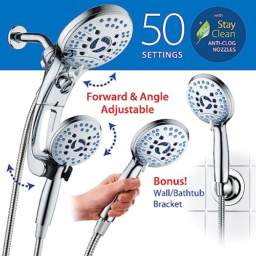 Hotel Spa AquaCare As-Seen-On-TV High Pressure Handheld/Rain 50-mode 3-way Shower Head Combo with Adjustable Arm - Anti-clog Nozzles, Tub & Pet Power Wash, 6 ft. Hose, All Chrome Finish - color: All-Chrome, style: 2.5 Gallons Per Minute