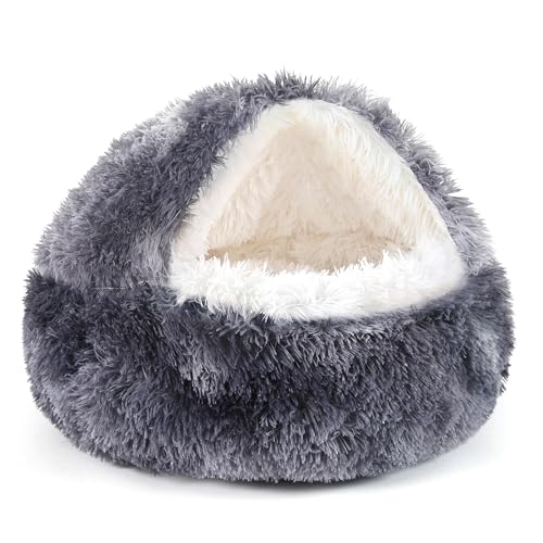 NOYAL Round Hooded Donut Dog Bed for Small & Medium Pets - Plush Fluffy Anti-Anxiety Cat Cave Bed with Cover - color: Bandhnu Dark grey, size: Medium 23.6''