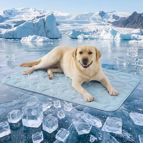 LE SURE Dog Cooling Mat for Extra Large Dogs -Q-Max>0.5 XL Breathable Thin Cool Crate Pad with Chill Cold Fiber and Innovative Mesh Base Design, Portable Washable Pet Kennel Mat for Summer,44x30,Blue - color: Blue, size: 44" x 30" (XL)
