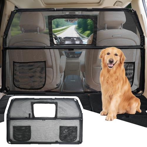 52" Dog Car Barrier for SUV, Wide Escape-Proof & Chew-Proof Dog Car Divider with Removable Visual Window & 2 Storage Pockets, Pet Net Gate for Behind Front Seats, Fits Sedans Cars Trucks