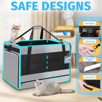 Petskd Side Expandable Extra Large Cat Carrier with Litter Box Area, 24"x17"x17" Soft-Sided Pet Carrier for 2 Cats Under 55 lbs with Zipper Locks for Car Travel(Grey) - color: Grey