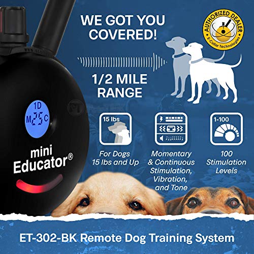 Educator ET-302 Black Mini E Collar for Dog Training with Remote - 1/2 Mile Range, Waterproof, 100 Blunt Stimulation Levels, Tone or Vibration Mode, Night Light for Small, Medium & Large Dogs (2 Dogs) - size: 2-Dog (ET-302 Black)