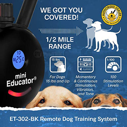 Educator ET-302 Black Mini E Collar for Dog Training with Remote - 1/2 Mile Range, Waterproof, 100 Blunt Stimulation Levels, Tone or Vibration Mode, Night Light for Small, Medium & Large Dogs (2 Dogs) - size: 2-Dog (ET-302 Black)