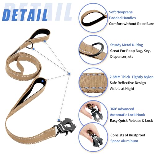 Strong Heavy Duty Dog Leash - 5ft Reflective Nylon Training Leash with Soft Padded Double Handle & Auto Lock Frog Clip - Safety Traffic Control for Large Medium Small Dogs No Pull Walk Khaki,4ft - color: Khaki, size: 4FT x 1" x 2.8MM
