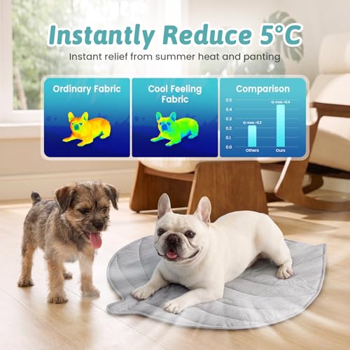 Cooling Mat/Pad/Blanket for Dogs & Cats Indoor — Fabric, Non-Gel, Non-Electric, Q-Max > 0.4 Leaf Shaped Pet Pad, Waterproof Summer Sleep Mat, 39x34inch, Silver Grey