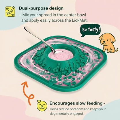 Dog Lick Mat, Green | BPA-Free, Food-Grade Silicone, Slow Feeder with Textured Surface, Integrated Center Bowl, Non-Slip Base