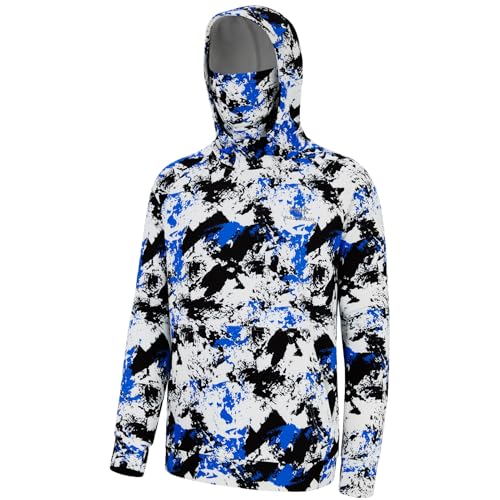 BASSDASH Men’s Fishing Fleece Hoodie with Neck Gaiter Water Resistant Performance Hunting Sweatshirt FS18M - color: Blue&black Camo -No Logo at Sleeve, size: Medium