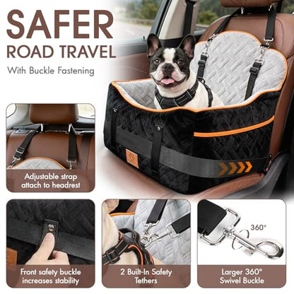 GINMIC Dog Car Seats for Small Medium Dogs up to 35 lbs – Dog Booster Car Seat with 5.3-Inch Memory Foam, Dual Safety Leashes, Detachable Washable Cover & Storage Pockets, Soft Travel Dogs Bed (Black)