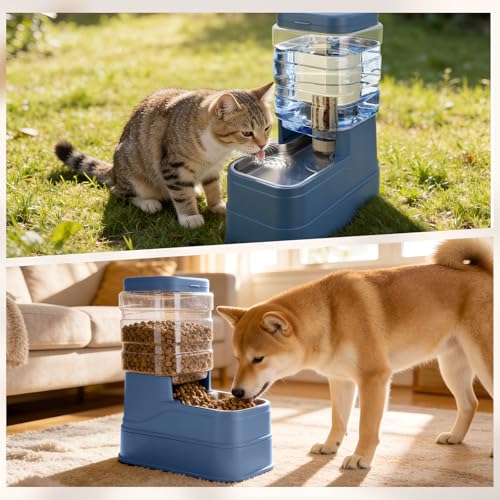 2 Pack Automatic Cat Feeder and Water Dispenser 1.3Gallon Dog Gravity Food Feeder and Water with Ice Pack Stainless Steel Dry Food and Waterer Bowl for Small Medium Large Pets (Blue) - color: Blue