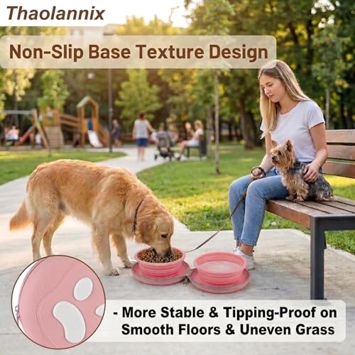 2-in-1 Collapsible Dog Bowl with Built-in Silicone Hook, Portable Travel Pet Water & Food Dish, BPA-Free Double Foldable Bowls for Camping, Hiking and Car Trips, Non-Slip (Pink) - color: pink