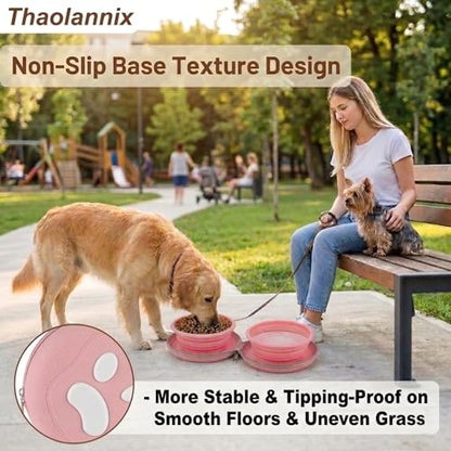 2-in-1 Collapsible Dog Bowl with Built-in Silicone Hook, Portable Travel Pet Water & Food Dish, BPA-Free Double Foldable Bowls for Camping, Hiking and Car Trips, Non-Slip (Pink) - color: pink