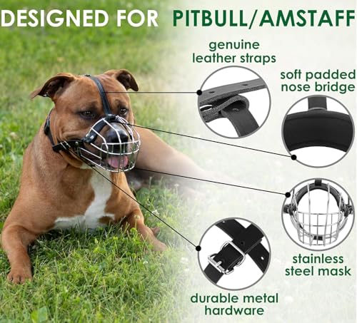 BRONZEDOG Pitbull Dog Muzzle Metal Mask Amstaff Wire Basket Pit Bull Adjustable Leather Straps for Large Dogs (Graphite Metal) - color: Leather, Graphite Metal