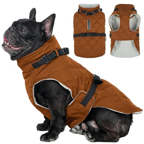 Kuoser Dog Coat Warm Fleece Lining Turtleneck Dog Jacket with Harness Built-in, Adjustable Windproof Cold Weather Coats with Quick Release Buckle Pet Winter Snowsuit for Extra Small Dogs, Khaki XS - color: Khaki, size: X-small (Chest Girth: 13.7")