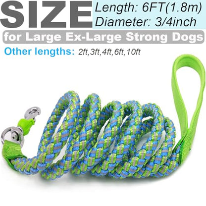 2/3/4/6/10 Foot Reflective Dog Leash Strong Nylon Rope Braided Heavy Duty for Large and Medium Small Dogs Walking Training Leads (Green, 6ft * 3/4") - color: Green, size: 6ft * 3/4"