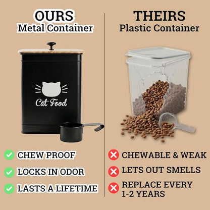 Cat Food Storage Container with Scoop - 5-7 lb (25 Cup) Capacity Metal Cat Food Container with Airtight Bamboo Lid and Metal Scoop - Airtight Pet Food Storage Containers 5 lb - 7 lb Kibble Container - color: Black