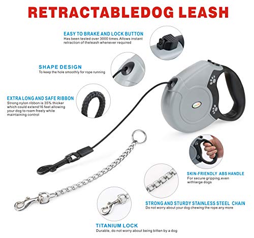 Idepet Heavy Duty Retractable Dog Leash for Small and Medium Dogs, Anti-Chewing Steel Chain Design,360 DegreeTangle-Free,Break and Lock System,16ft Leash Dog Walking (Round Rope) - color: Grey