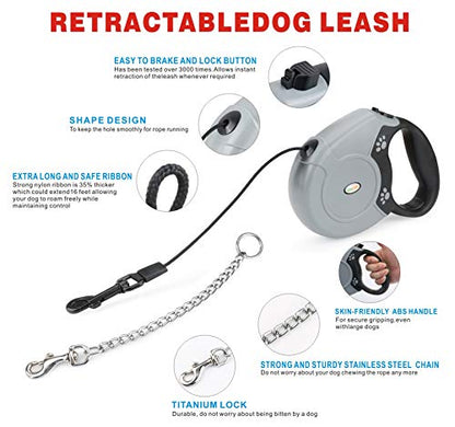 Idepet Heavy Duty Retractable Dog Leash for Small and Medium Dogs, Anti-Chewing Steel Chain Design,360 DegreeTangle-Free,Break and Lock System,16ft Leash Dog Walking (Round Rope) - color: Grey