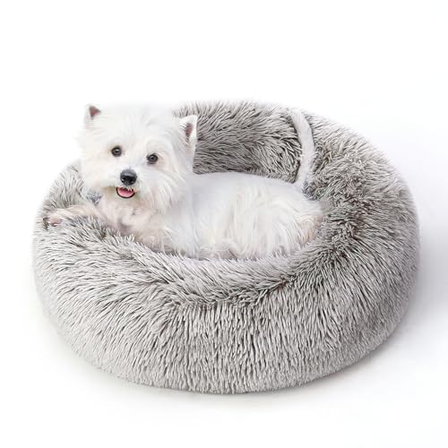 Calming Round Dog Bed & Cat Bed with Anti-Slip Bottom, Medium Size Washable Anti-Anxiety Donut Dog Beds for Small Dogs & Cats, Fluffy Plush Soft Dog Bed(24 Inch, Brown) - color: Brown, size: 24"l x 24"w x 8"th