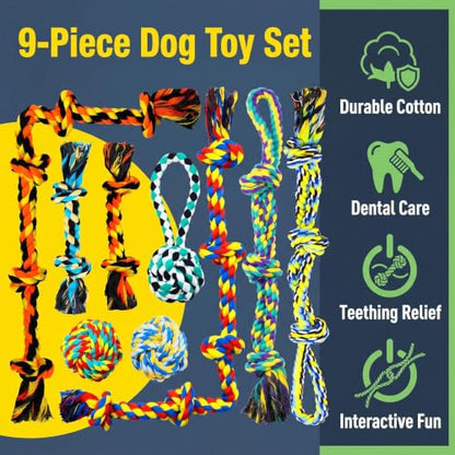 Speedy Panther 9 Pack Large Dog Rope Toys for Aggressive Chewers, 5 Knots Indestructible Chew Toy Kit for Medium Large Dogs, Puppy Teething Tug Toy, Colourful Cotton Dog Rope Toys