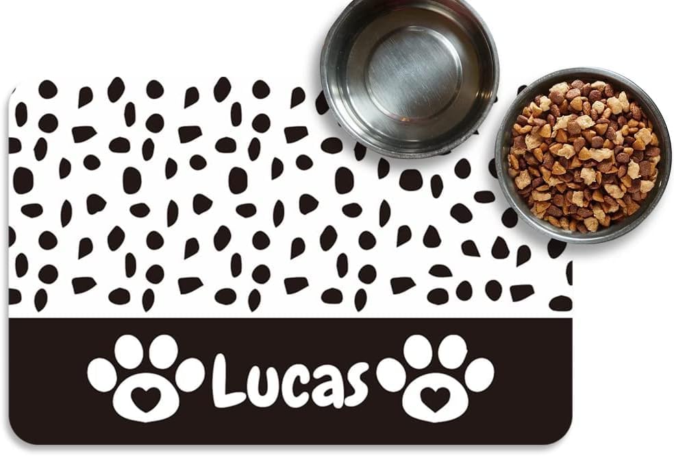 Personalized Dog & Cat Food Mat with Name | Waterproof PU Pet Bowl Mat | Non-Slip Rubber Bottom | Easy Clean | 3 Sizes (24"×16", 30"×20", 36"×24") | (Black paw Prints) - color: Black paw prints