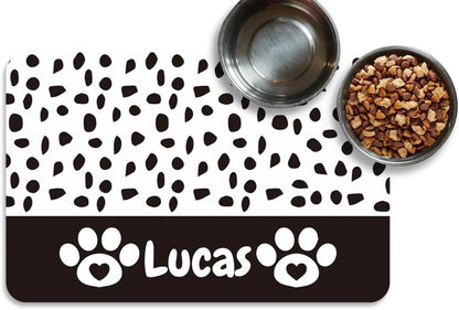 Personalized Dog & Cat Food Mat with Name | Waterproof PU Pet Bowl Mat | Non-Slip Rubber Bottom | Easy Clean | 3 Sizes (24"×16", 30"×20", 36"×24") | (Black paw Prints) - color: Black paw prints