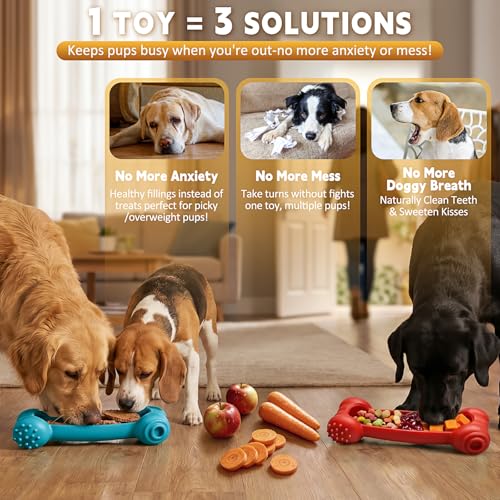 KXK Dog Toys for Aggressive Chewers - 2 Pack Indestructible Nylon Chew Bones with Frozen Enrichment Treat Dispenser & Teeth Cleaning to Keep Dogs Busy, for Pitbull, Large & Medium Breeds - color: Green & Red