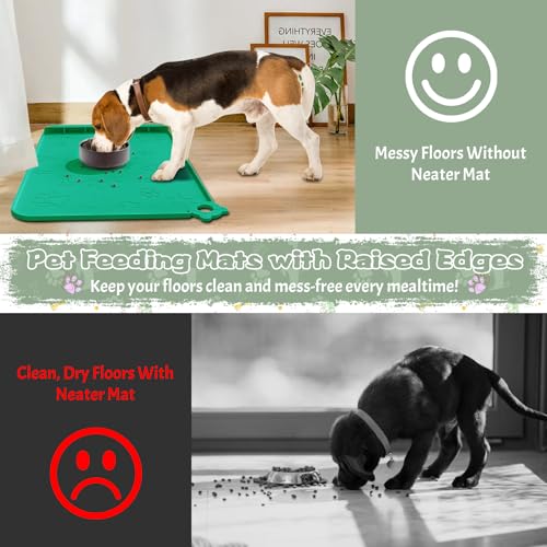 Silicone Pet Feeding Mat - Waterproof Dog & Cat Bowl Mat with Raised Edges, Hooks & Residue Collection Pocket - color: Turquoise Green, size: 36''x24''