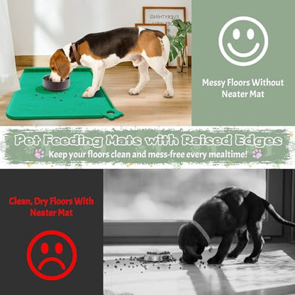 Silicone Pet Feeding Mat - Waterproof Dog & Cat Bowl Mat with Raised Edges, Hooks & Residue Collection Pocket - color: Turquoise Green, size: 36''x24''
