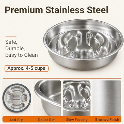 Elevated Slow Feeder Dog Bowl for Medium Dogs, Adjustable Raised Dog Bowl Stand with Stainless Steel Slow Feed Bowl, Reduces Choking & Improves Digestion, Non-Slip Bamboo Stand - color: natural