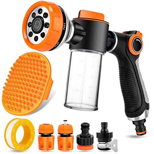 8 in 1 Garden Hose Nozzle Sprayer, Upgrade Dog Wash Hose Attachment with 3.5OZ/100CC Soap Dispenser Bottle and Dog Shower Brush, Ideal for Watering Flowers, Car Washing, Dog and Horse Bathing - color: Orange