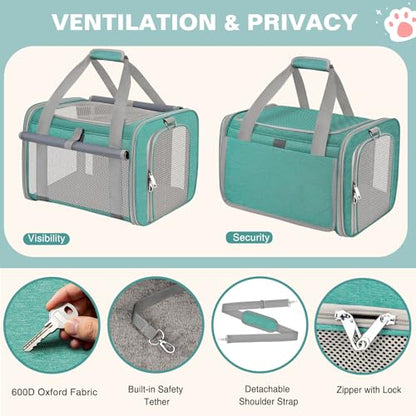 Soft Cat Carrier for Pets Up to 20 Lbs, Collapsible Cat Carrier Bag with Privacy Curtains, Airline Approved Small Pet Carrier for Small Medium Cats Dogs Puppy, Washable Soft Pet Travel Bag Dog Carrier - color: Lake Green