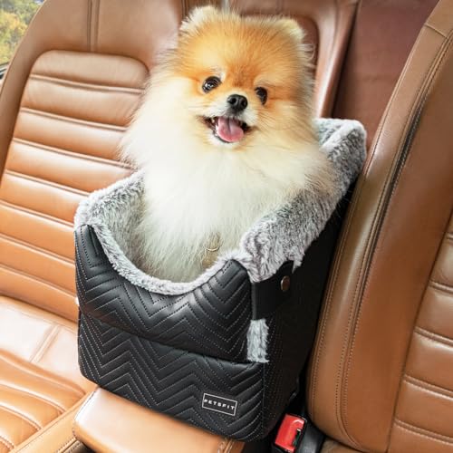 PETSFIT Center Console Dog Car Seat with Safe Protection Hooks, Pet Car Seat with Upgraded Safety Tethers, Washable Cushion, Console Dog Car Seats for Small Dogs Up to 8 Lbs(Black) - color: Black