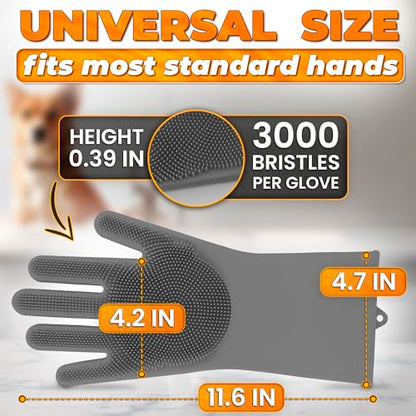Cat and Dog Shampoo Gloves with 3000 Soft Bristles – 2-in-1 Dog Bath Gloves 11.6", Durable Silicone, Saves Shampoo | Massage, Grooming & Clean Wet or Dry – Made for Every Breed and Coat Style (Grey) - color: Grey