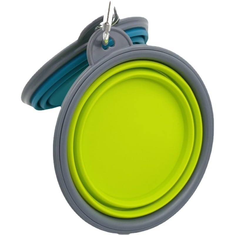 Small Collapsible Dog Bowl 12oz,2 Pack Portable and Foldable Pet Travel Bowls with 2 Carabiners & Lids for Dogs Cats and Small Animals (Blue+Green+Grey, 350ml)