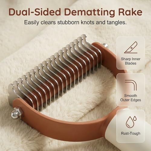 Double Sided Dematting Comb for Cats & Dogs, Undercoat Rake, Safe Deshedding Grooming Tool, Gentle Matt Remover Detangler for Long Thick Haired Pets, Ergonomic Pet Grooming Brush (Brown) - color: Brown