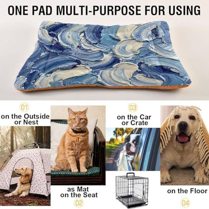 Ocean Waves Pattern Pet Bed Mat for Dogs and Cats, Soft Washable Crate Pad with Non-Slip Bottom, Cozy Bed Cushion for Small Medium Large Pets, 18x24 Inch - size: Small