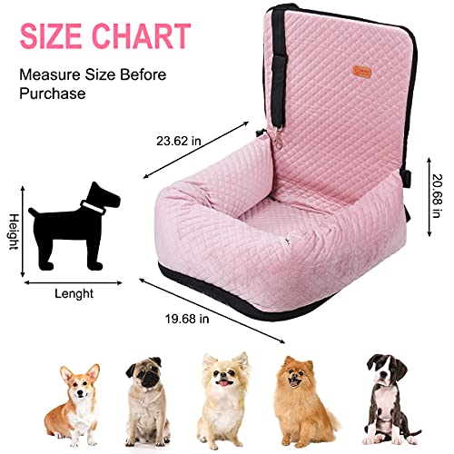 Dog Car Seat for Small Medium Dogs Up to 40lbs, Detachable Washable Soft Pet Booster Travel Bed for Front & Pink Seat with Safety Leash Belt - color: Pink