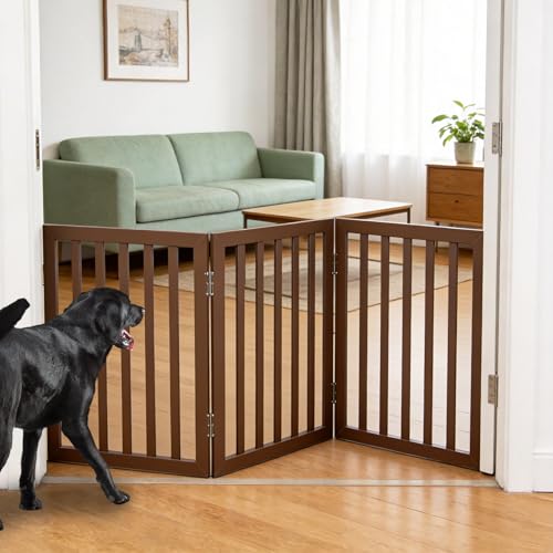 Dog Gate Indoor, Freestanding Dog Fence for The House, Doorways, Hallways,or Stairs,Pet Gate Foldable Wooden,Expandable 24" Height 3 Panels,Brown - color: Brown, size: 【3 Panels】60‘’w x 24''h