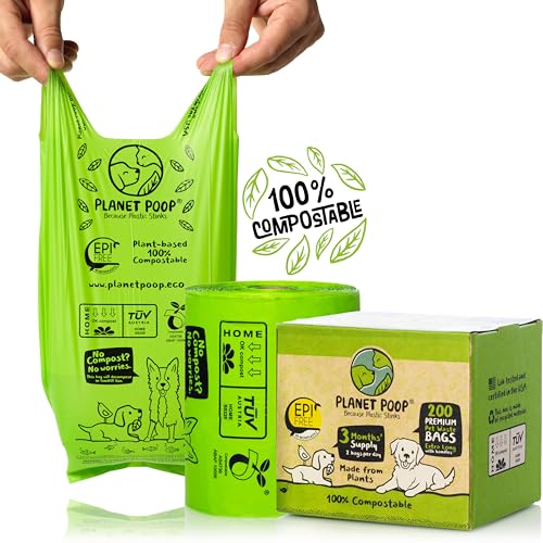 PLANET POOP Home Compostable Dog Poop Bags Extra Long with Handles | Large Single Roll 200 Count Grab & Go | Un-scented Waste Bag | Leakproof Doggy & Cat Bags | Plant-Based Pet Supplies - size: 200 Count (Pack of 1)