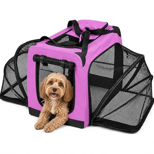 Pet Life ® 'Hounda Accordion' Metal Soft-Folding Collapsible Dual-Sided Triple-Expandable and Collapsible Folding Travel Dog Crate and Pet Playpen - color: Pink, size: 27.5"L x 20.5"W x 27.5"H