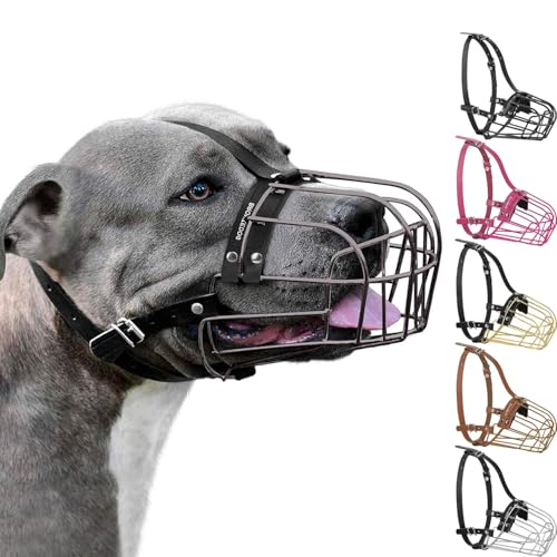 BRONZEDOG Pitbull Dog Muzzle Metal Mask Amstaff Wire Basket Pit Bull Adjustable Leather Straps for Large Dogs (Graphite Metal) - color: Leather, Graphite Metal