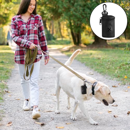 Dog Poop Bag Holder for Leash, Durable Fabric Poop Bag Dispenser with Zipper, Soft Pet Waste Bags Pouch, Small Doggy Puppy Walking Accessories Attachment for Leash (Black)