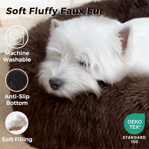 Calming Round Dog Bed & Cat Bed with Anti-Slip Bottom, Medium Size Washable Anti-Anxiety Donut Dog Beds for Small Dogs & Cats, Fluffy Plush Soft Dog Bed(24 Inch, Dark Brown) - color: Dark Brown, size: 24"l x 24"w x 8"th