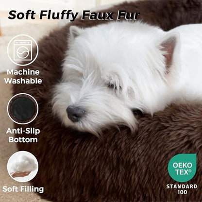 Calming Round Dog Bed & Cat Bed with Anti-Slip Bottom, Medium Size Washable Anti-Anxiety Donut Dog Beds for Small Dogs & Cats, Fluffy Plush Soft Dog Bed(24 Inch, Dark Brown) - color: Dark Brown, size: 24"l x 24"w x 8"th