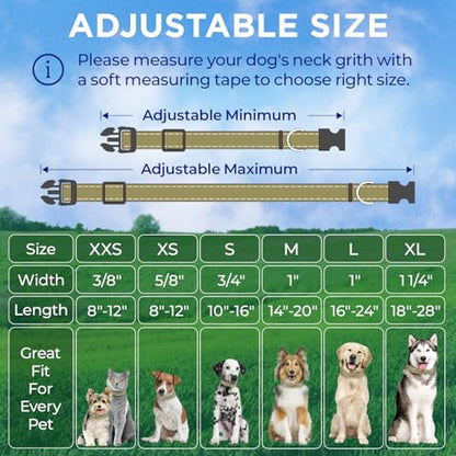 TECEUM Reflective Dog Collar – Olive – XXS – Extra Soft Padding – Basic Nylon Pet Collar – Quick Release Buckle – Fits Small, Medium and Large Dogs, Puppies, Cats – ESA & Service Dog Options - color: Olive, size: XX-Small