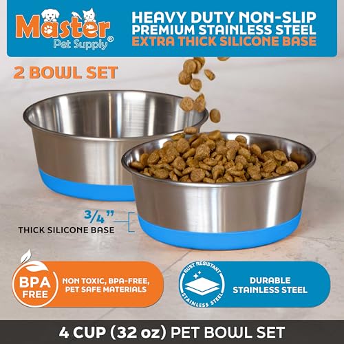 Master Pet Supply Stainless Steel Dog Bowls Set of 2 with Extra Thick Silicone Base - 4 Cup (32 oz) True Blue, Non-Slip, Dishwasher Safe Metal Bowls, Pet Dog Food Bowl for Dogs, Cats, Anti Rust - color: True Blue, size: 4 Cups (32 oz) 2 Pack