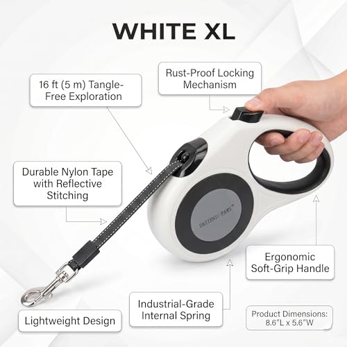 XL 16FT Retractable Dog Leash for Large Dog up to 120 lbs, Chew Proof Steel Wire Extender, One-Hand Brake & Lock, Tangle-Free Heavy Duty Walking Leash XL White - color: White