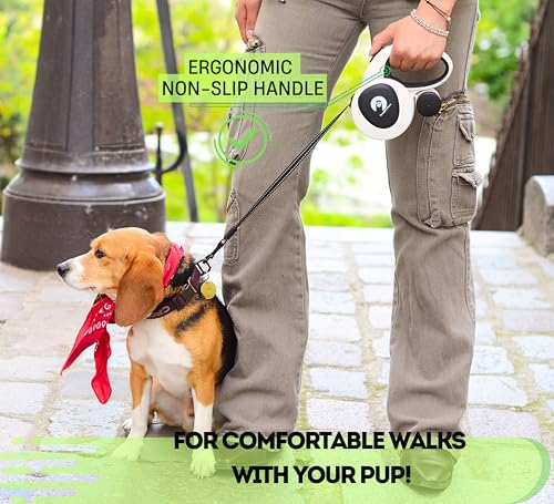 Snuggle Paws Retractable Dog Leash 16ft – Heavy Duty All-in-One Dog Leash with LED Flashlight, Poop Bag Holder, Chew Proof Steel Cable & Reflective Tape – Size L - size: L | 16.4 ft | 110 lbs