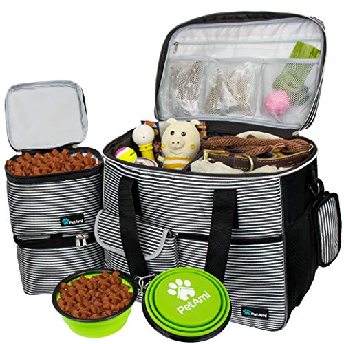 PetAmi Dog Travel Bag Organizer, Pet Travel Kit with 2 Food Containers & 2 Collapsible Dog Bowls, Pet Supplies Tote with Luggage Sleeve, Weekend Road Trip Camping Essentials, Stripe Black, Large - color: Stripe Black, size: Large - 15.5"L x 9.5"W x 14.0"H