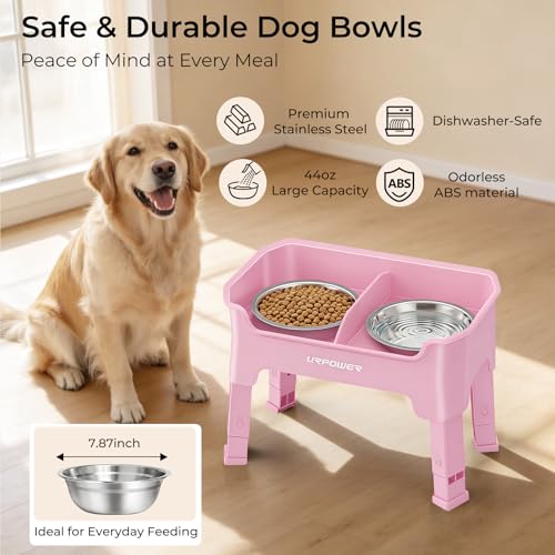 URPOWER Mess Proof Elevated Dog Bowls 4 Height Adjustable Raised Bowl Stand with 2 Stainless Steel Dog Bowls Non-Slip Food and Water Bowl Set for Small, Medium, Large Dogs, Pink - color: Pink, size: Medium